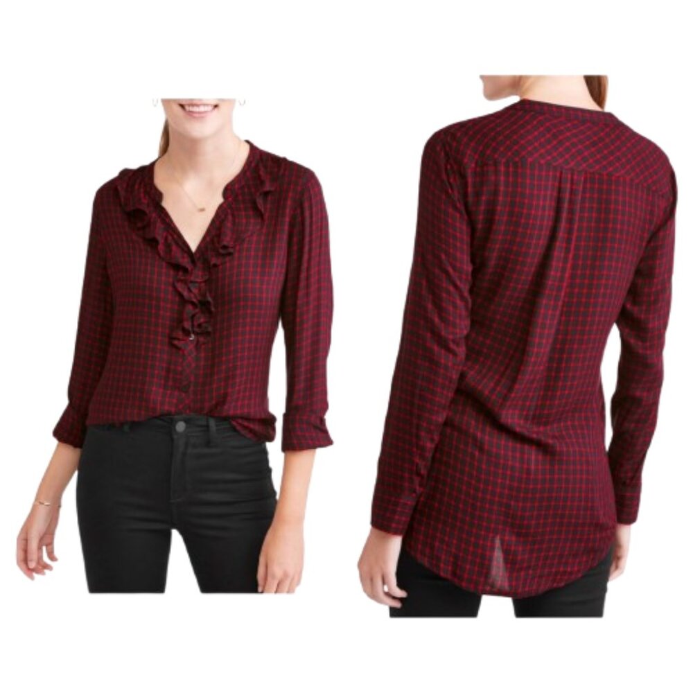 Time & Tru Button-Up Blouse Checkered Black Red Ruffles V-Neck Long Sleeve